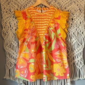 Verb by Pallavi Singhee Anthropologie Tropical Cotton Eyelet Lace Blouse Top